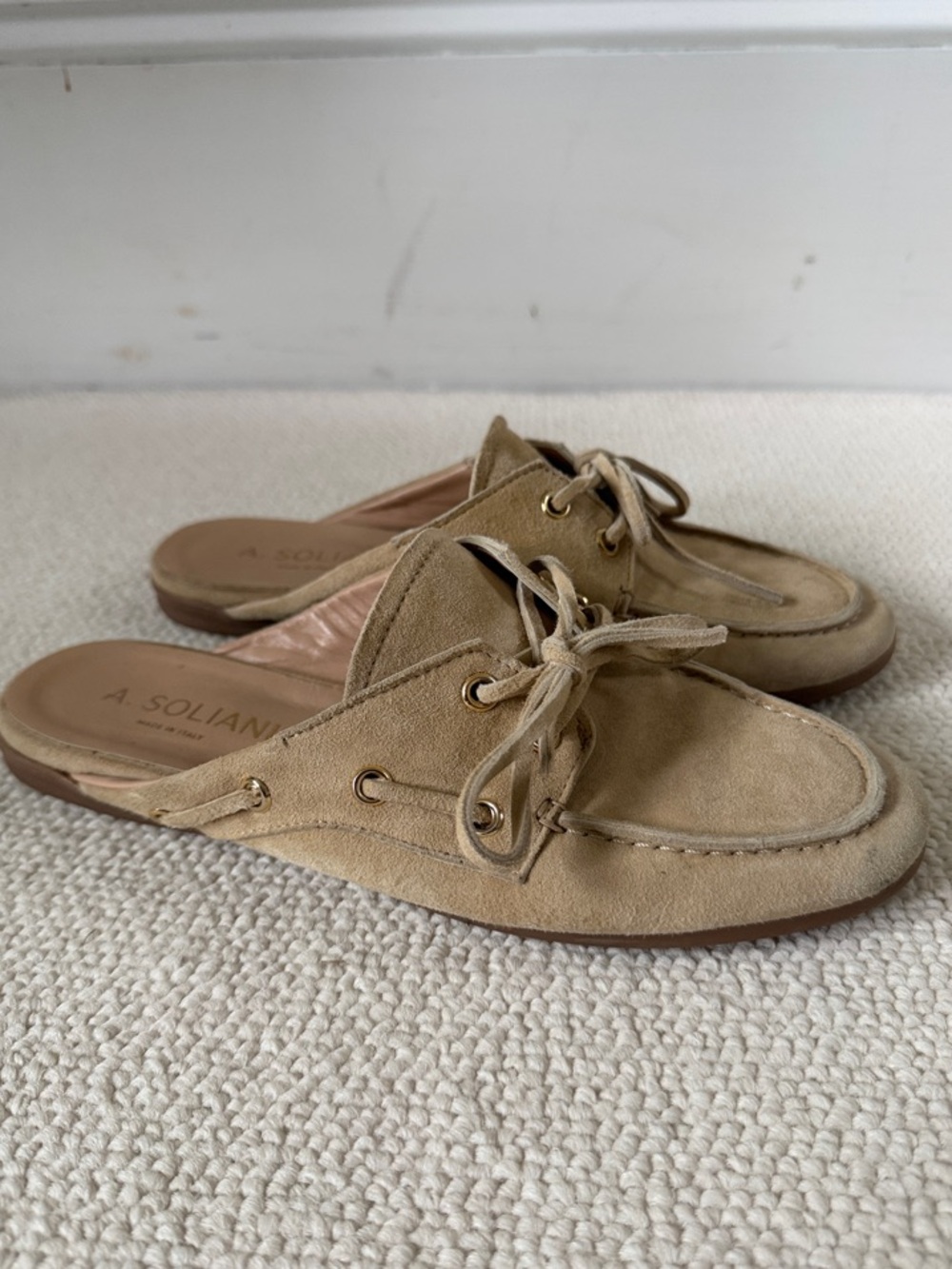 A. Soliani Barca Slide Sand Suede Slip-On Boat Shoe Mule Sz 38